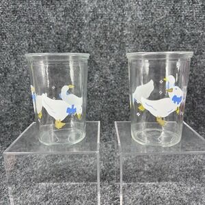 Set Of 2 Vintage BAMA Jelly Jar Juice Glasses White Ducks Geese Blue Bow Goose
